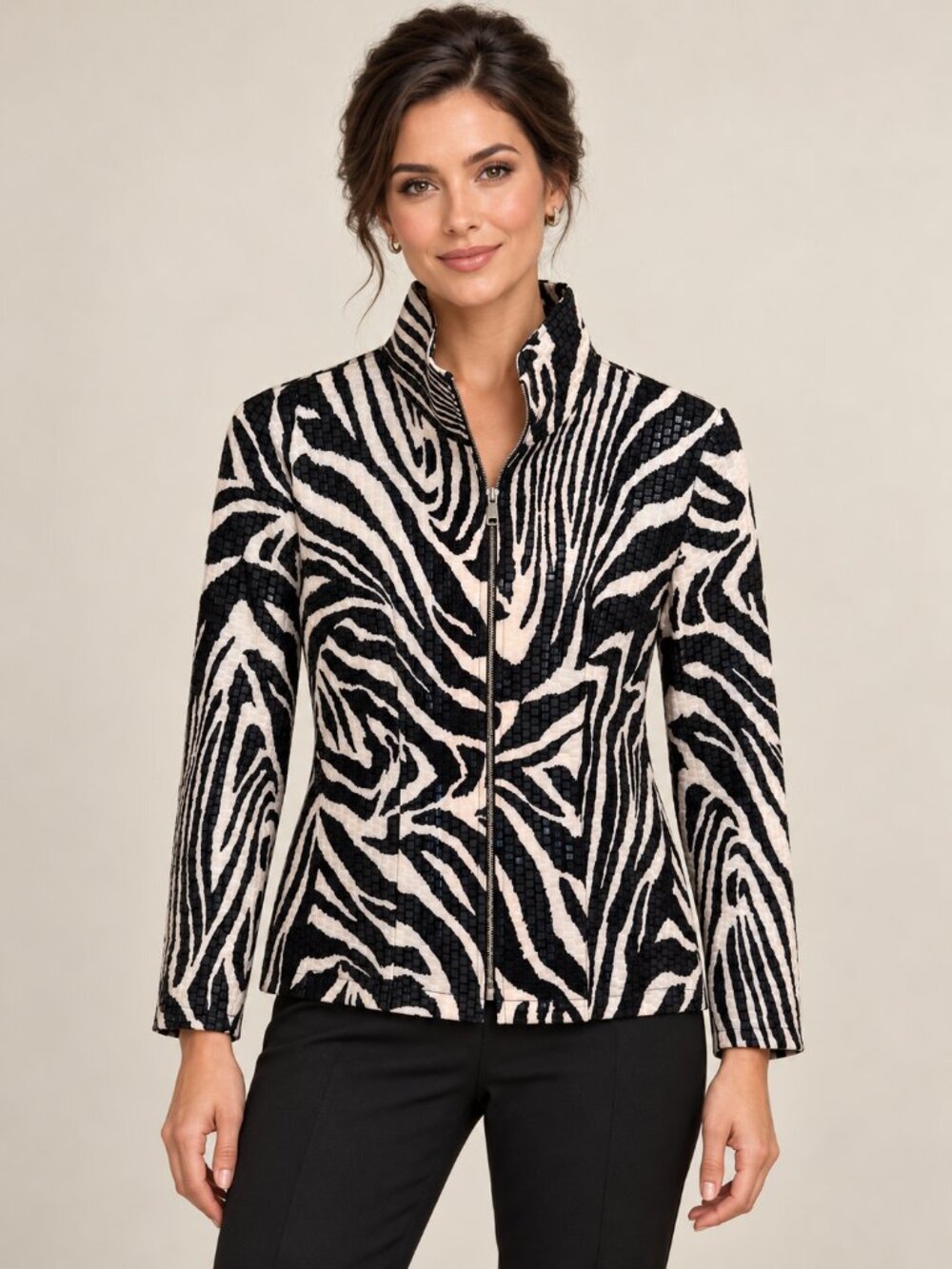 Exclusively Misook Zebra Print Textured Zip Front Jacket XS